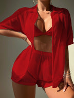 Saída de Praia Conjunto Feminino Short e Camisa Tecido Vazado