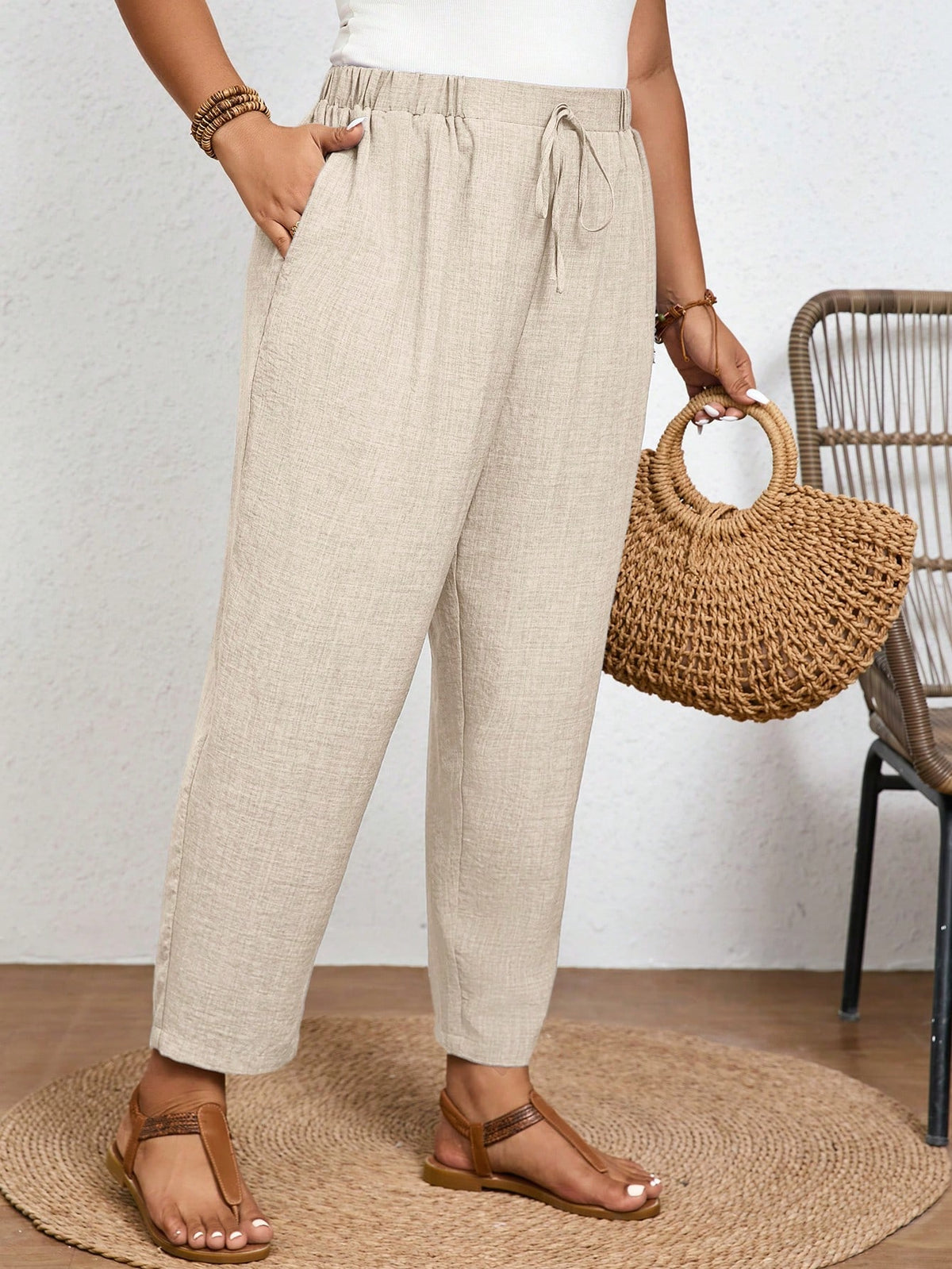 Calça Plus Size Feminina de Linho com Cintura Elástica