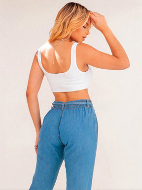 Calça Jeans Feminina Cintura Alta com Elástico