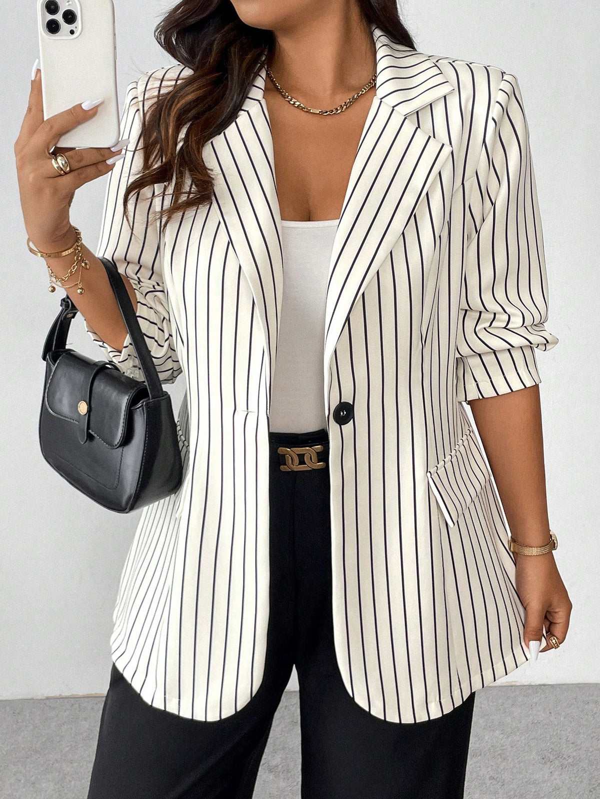 Blazer Feminino Plus Size Listrado Elegante