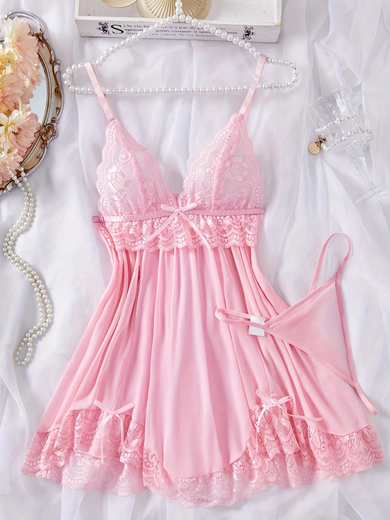Camisola Sexy Feminina de Renda + Calcinha