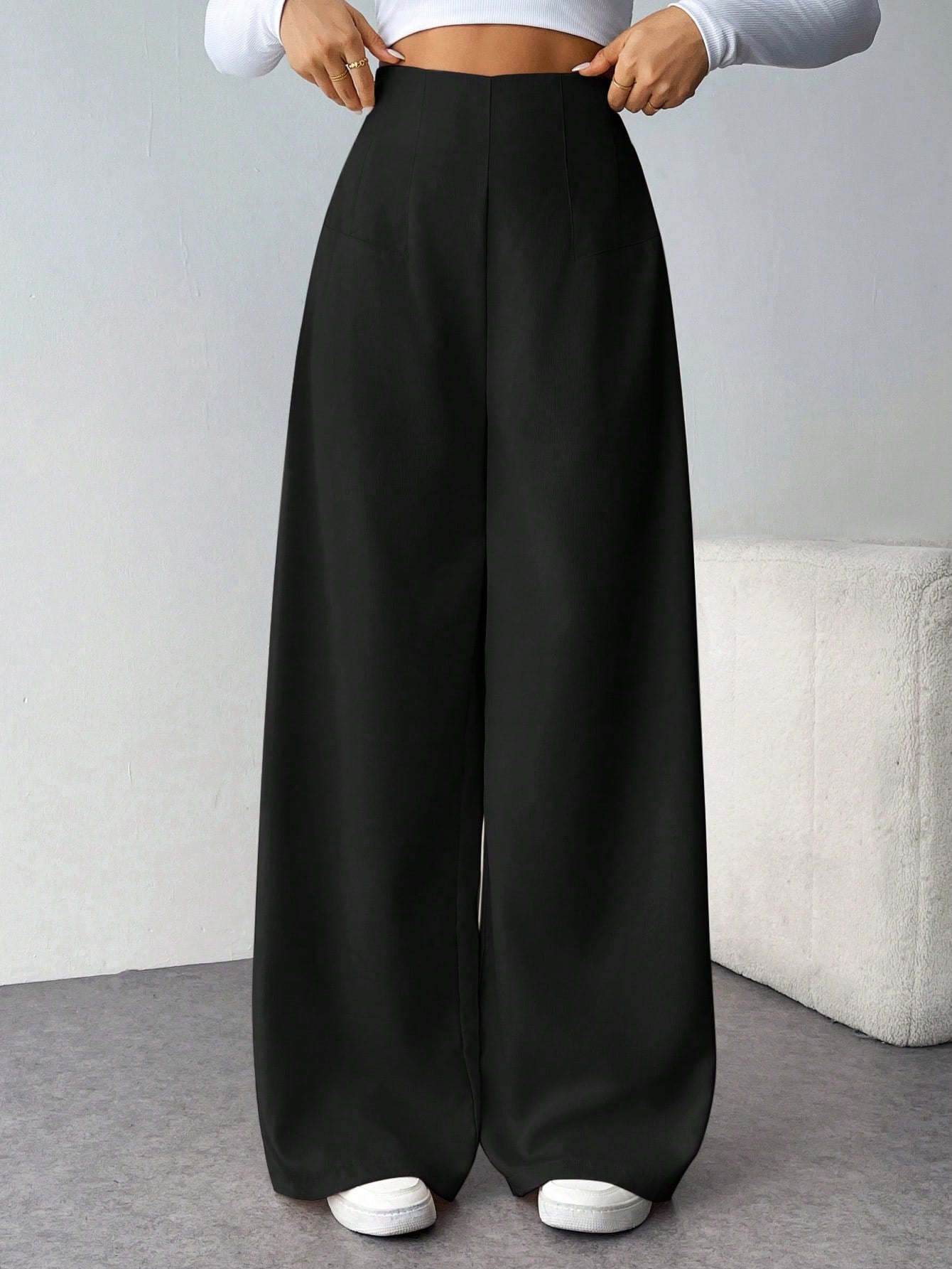 Calça Wide Leg Feminina Alfaiataria Texturizada com Zíper Lateral