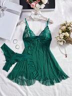 Camisola Sexy de Renda Feminina com Abertura Frontral + Calcinha