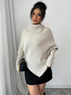 Elenzga Suéter de Tricô Clássico Assimétrico de Morcego de Gola Alta e Cor Sólida para Mulheres, Elegante e Versátil para Feriados e Férias