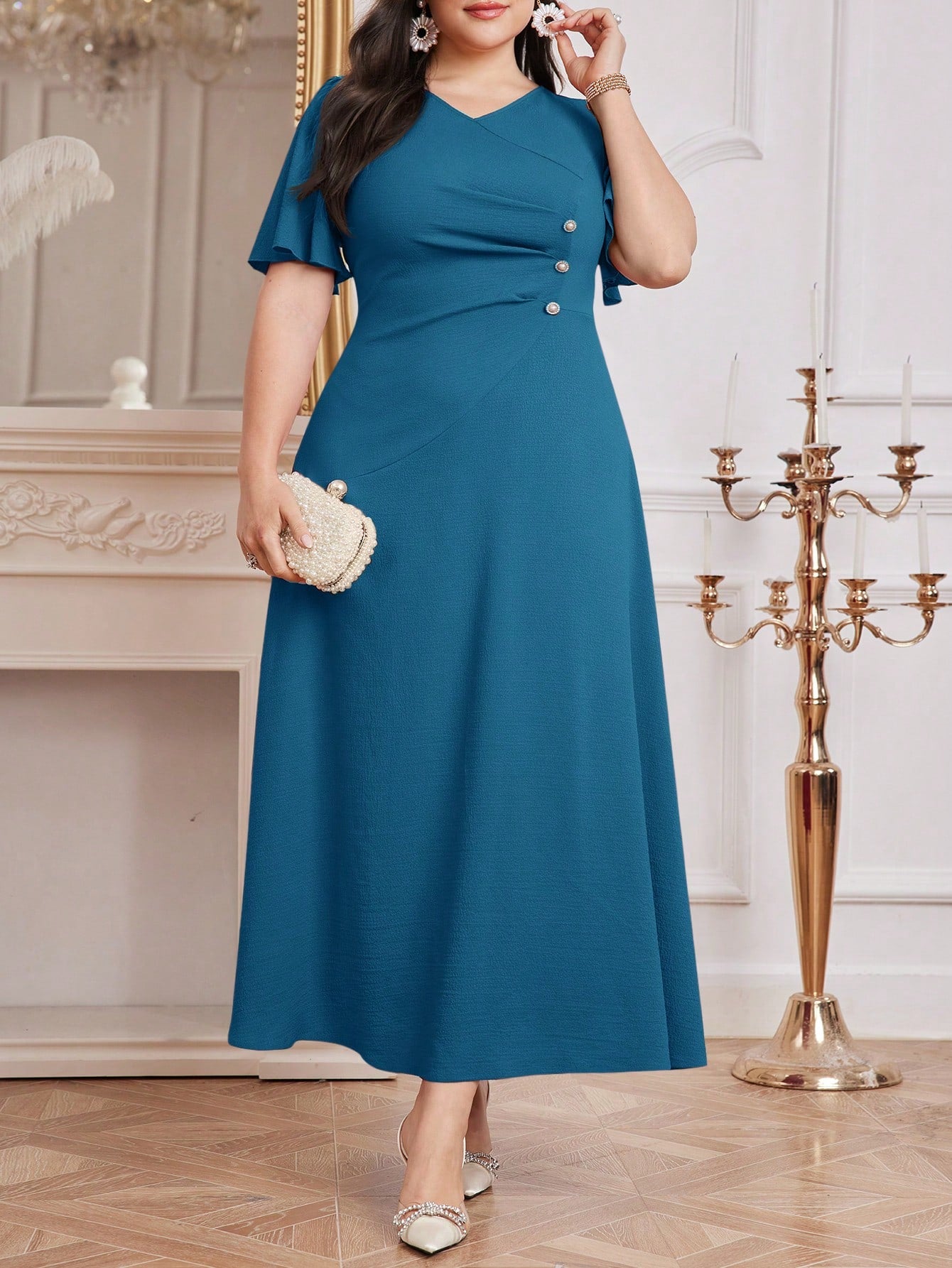Vestido Longo Plus Size Feminino com Botões Laterais Festa