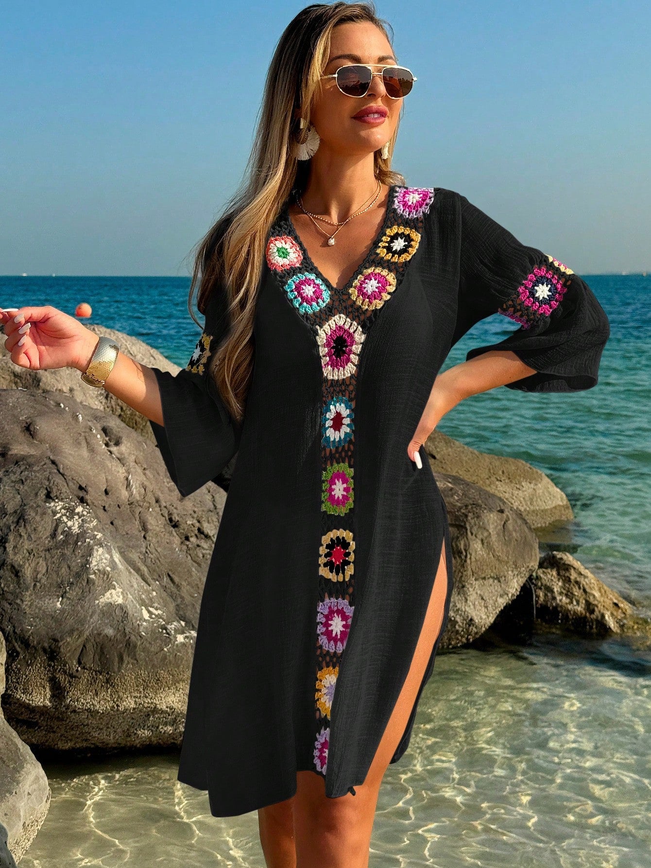 Saída de Praia Vestido Meia Manga com Fenda