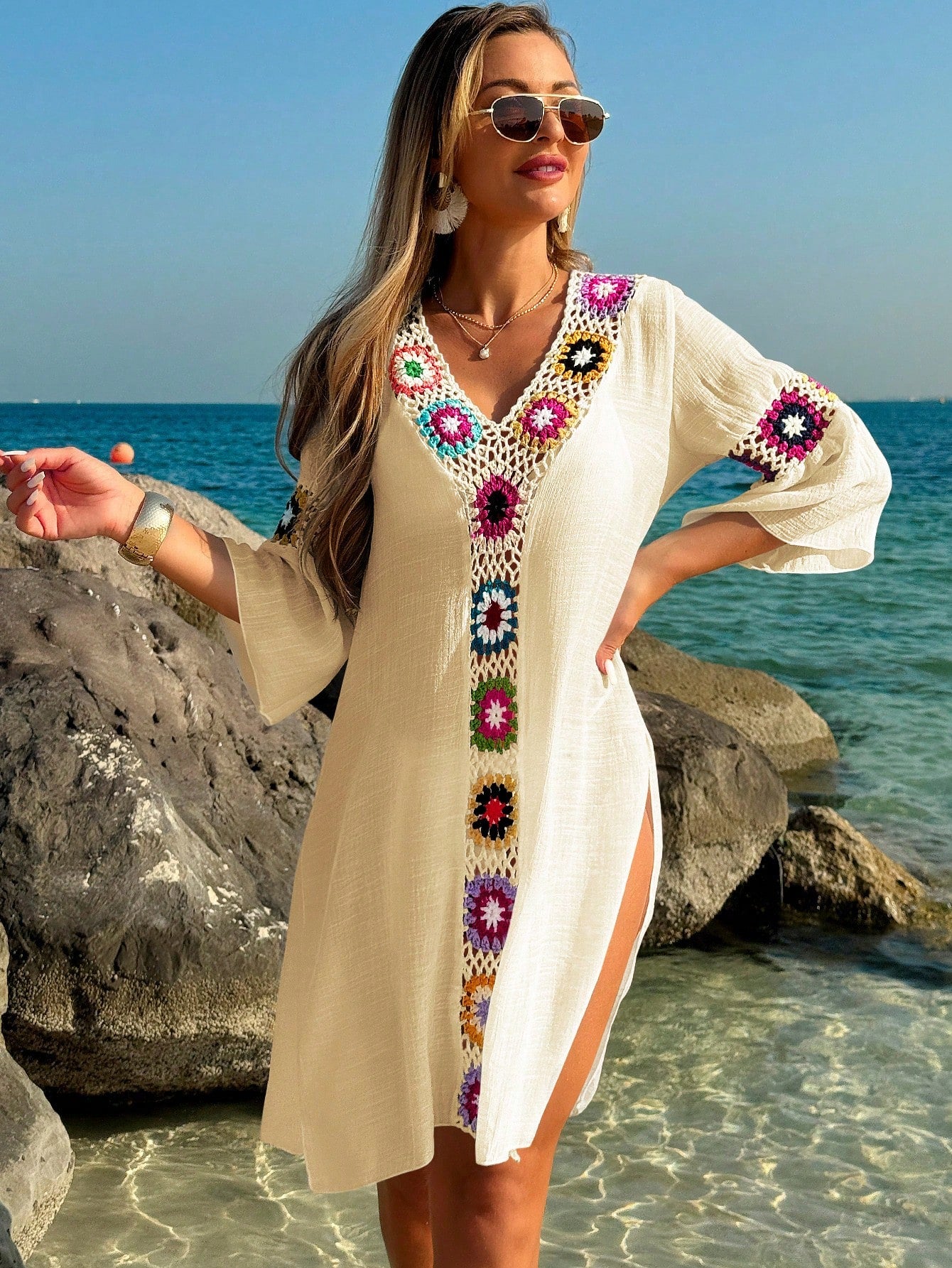 Saída de Praia Vestido Meia Manga com Fenda
