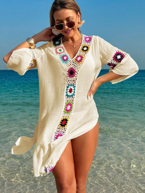 Saída de Praia Vestido Meia Manga com Fenda