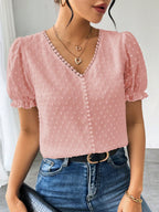 Blusa Jacquard com Decote em V, Tops de Manga Curta