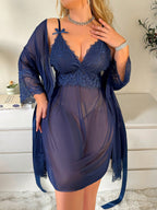 Conjunto Camisola e Robe de Tule Plus Size com Renda