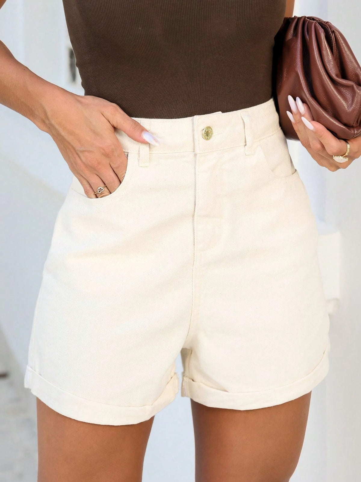 Vendedor IndicadoShorts Jeans Sarja Mom Feminino Cintura Alta Azul Preto Lavagem Escura Areia Bege Verão Casual Barra Dobrada Férias Feriado Básico Clean Girl