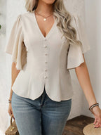 Vionelle Blusa Feminina Plus Size Elegante Estilo Francês com Decote em V, Decoração com Botões, Cintura Marcada, Barra Evasê e Manga Curta, Marrom, Verão, Escritório, Ação de Graças