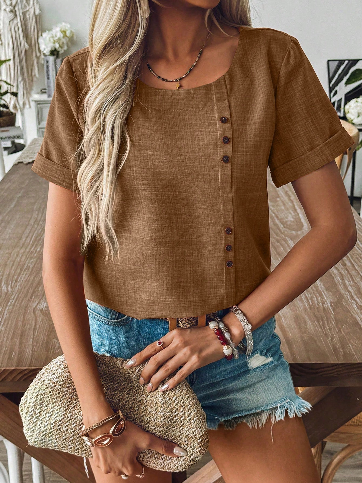 Blusa Manga Curta Feminina de Linho com Botões