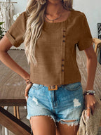 Blusa Manga Curta Feminina de Linho com Botões