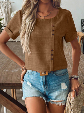 Blusa Manga Curta Feminina de Linho com Botões