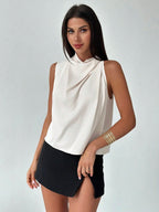 Firerie Blusa Assimétrica Plissada Cor de Damasco Elegante e da Moda Feminina, para Escritório, Uso Diário, Férias e Festivais de Música, Primavera/Verão