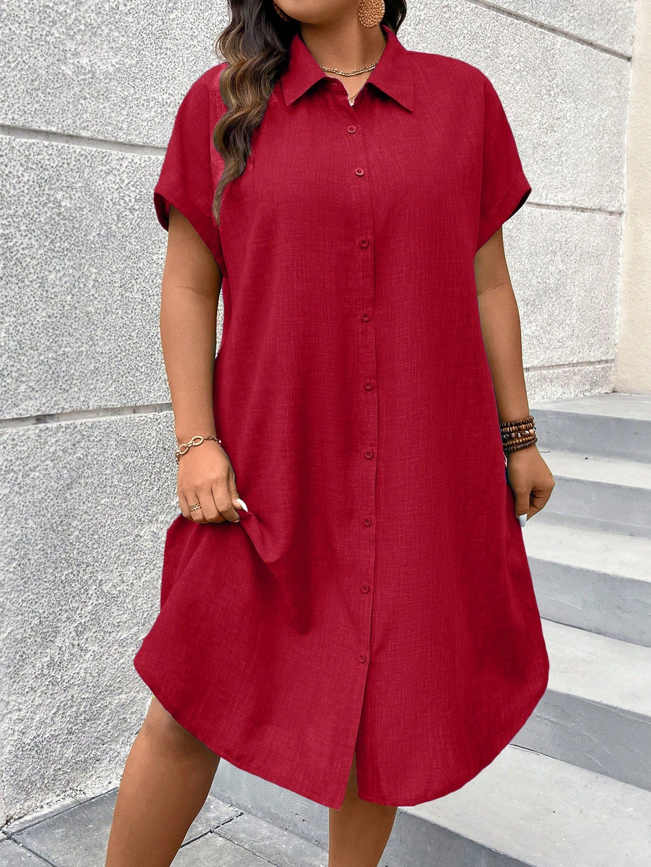 Vestido Midi Plus Size Estilo Camisa com Botões