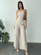 Conjunto Alfaiataria Feminino Blusa Assimétrica e Calça Pantalona 