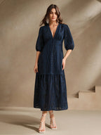 Anewsta Vestido Longo Elegante de Renda com Decote em V Branco e Fenda, Roupa Feminina