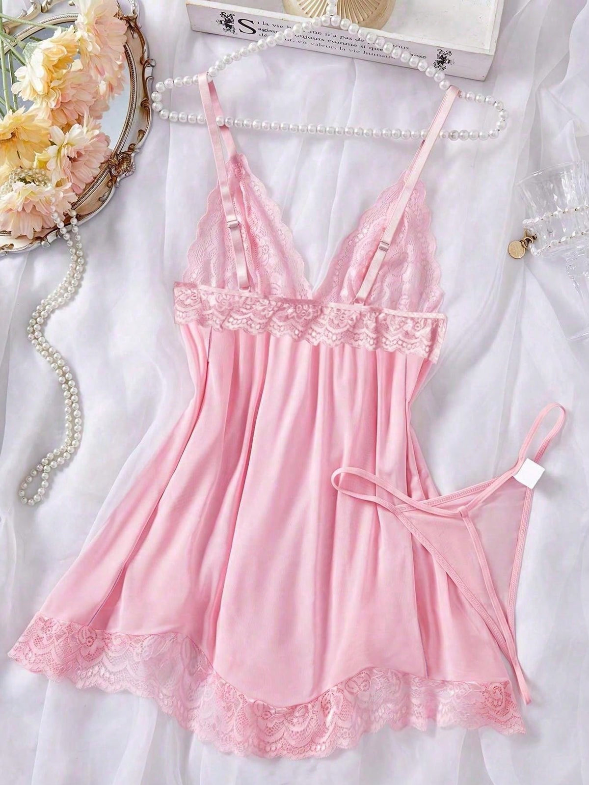 Camisola Sexy Feminina de Renda + Calcinha