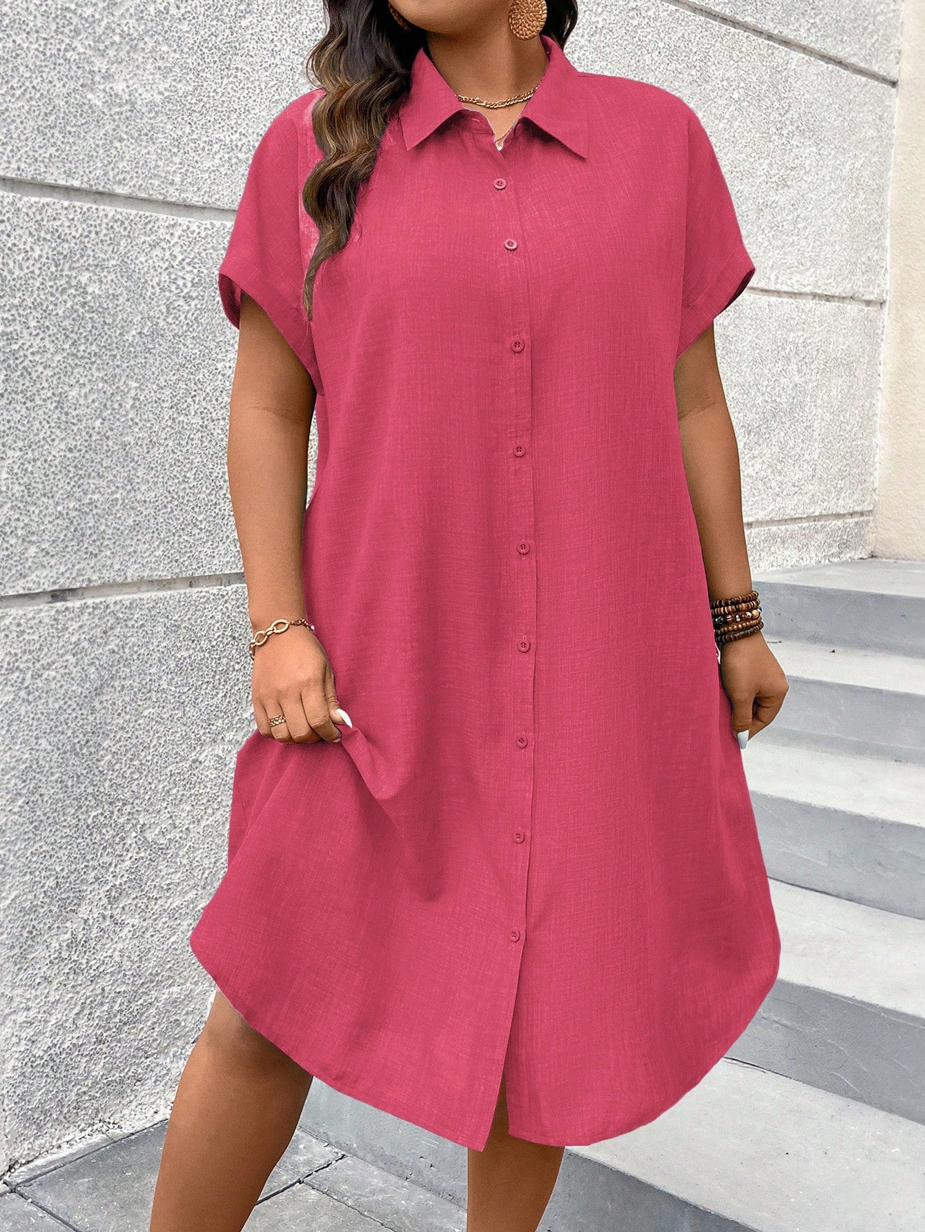 Vestido Midi Plus Size Estilo Camisa com Botões