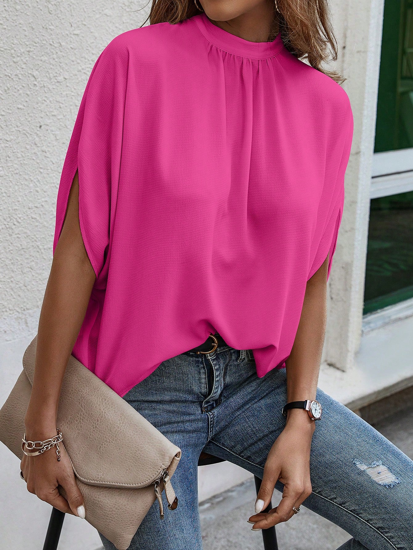 Blusa Feminina Manga Curta Caída Gola Alta