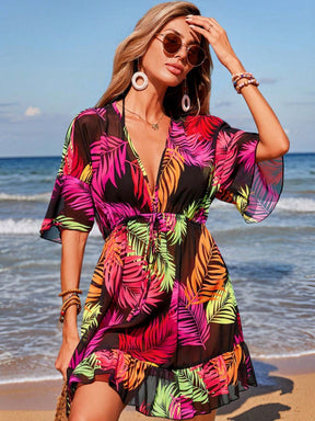 Saída de Praia Vestido Estampa Tropical Manga Morcego