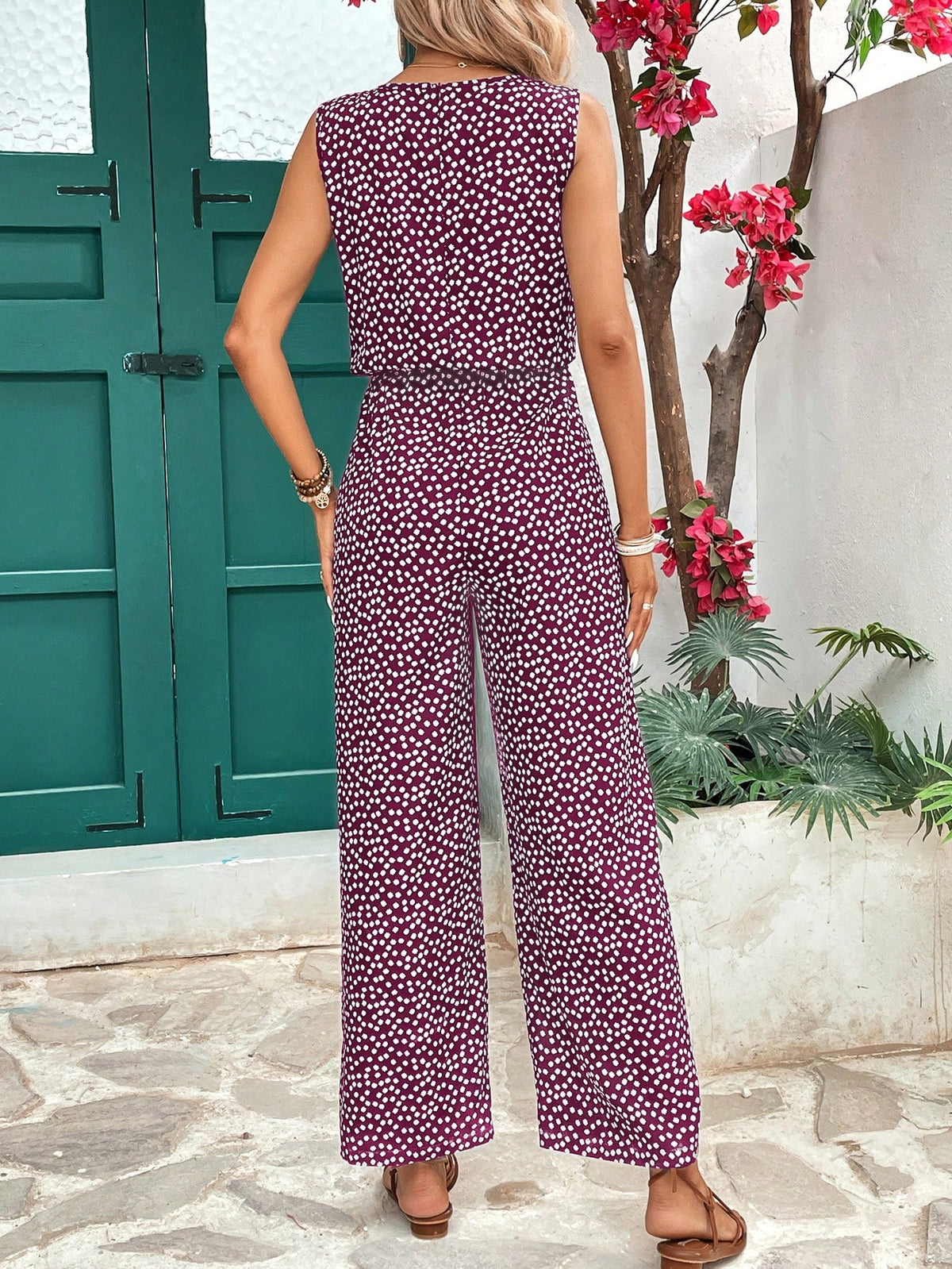Breezaya Macaquinho de gola redonda, sem mangas, cintura elástica, estampa floral Ditsy, Primavera/Verão