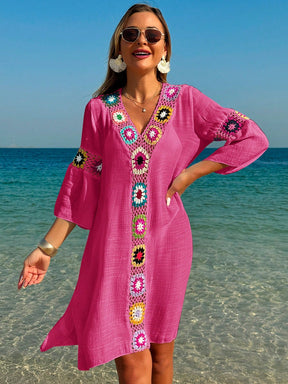 Saída de Praia Vestido Meia Manga com Fenda