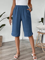 Capri Feminina de Linho com Bolsos e Elástico na Cintura
