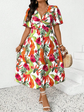 Vestido Midi Plus Size Casual Manga Curta Decote V Estampado 