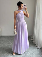 Vestido Longo Feminino Um Ombro Só com Faixa no Pescoço Para Convidada
