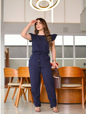 Conjunto Feminino de Linho Blusa Plissada e Calça Reta