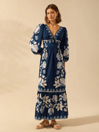 Vestido Feminino Manga Longa Bufante Decote V Estampa Floral