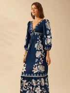 Vestido Feminino Manga Longa Bufante Decote V Estampa Floral