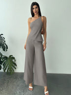 Conjunto Alfaiataria Feminino Blusa Assimétrica e Calça Pantalona 