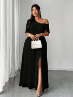 Vestido Longo Festa Convidada Plus Size Assimétrico em Chiffon com Fenda