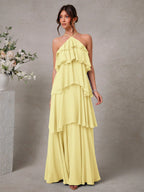 Vestido Longo com Camadas Sem Mangas Chiffon Romântico de Convidada