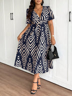 Vestido Midi Plus Size Casual Manga Curta Decote V Estampado