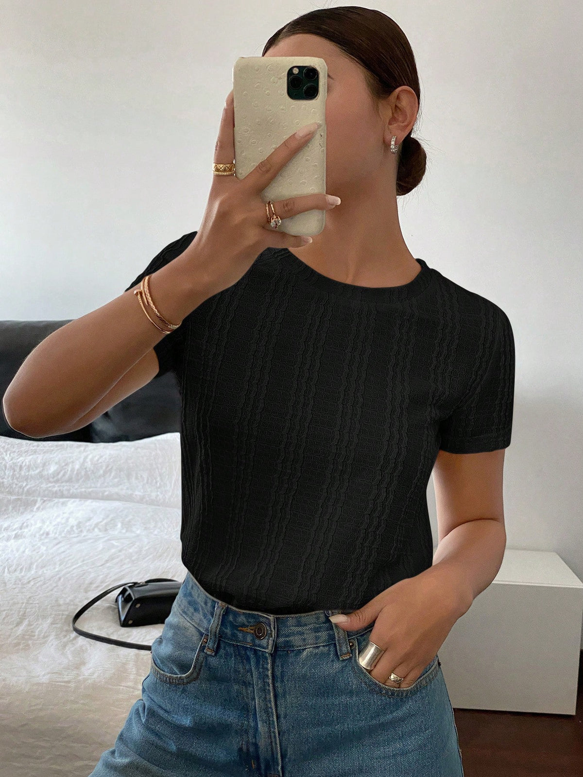 Blusa Feminina Manga Curta de Malha Texturizada