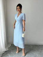 Vestido Elegante Midi Plissado de Cintura Franzida em Chiffon