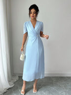 Vestido Elegante Midi Plissado de Cintura Franzida em Chiffon
