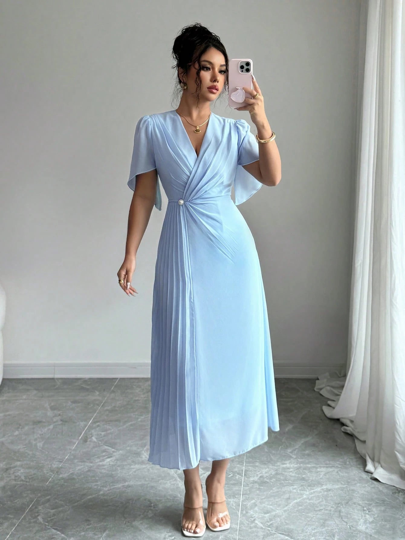 Vestido Elegante Midi Plissado de Cintura Franzida em Chiffon