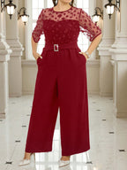 Macacão Plus Size Elegante com Cinto e Manga Bordada