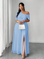 Vestido Longo Festa Convidada Plus Size Assimétrico em Chiffon com Fenda