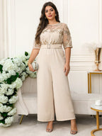 Macacão Plus Size Elegante com Cinto e Manga Bordada