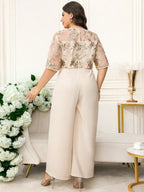 Macacão Plus Size Elegante com Cinto e Manga Bordada