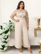 Macacão Plus Size Elegante com Cinto e Manga Bordada