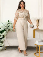 Macacão Plus Size Elegante com Cinto e Manga Bordada