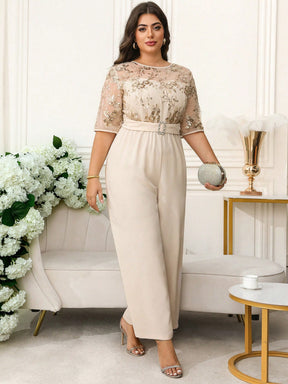 Macacão Plus Size Elegante com Cinto e Manga Bordada
